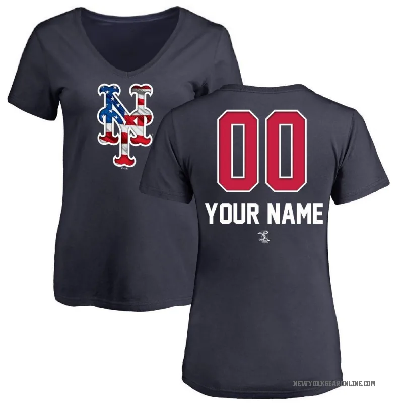 Custom Women's Navy New York Mets Name and Number Banner Wave V-Neck T-Shirt -